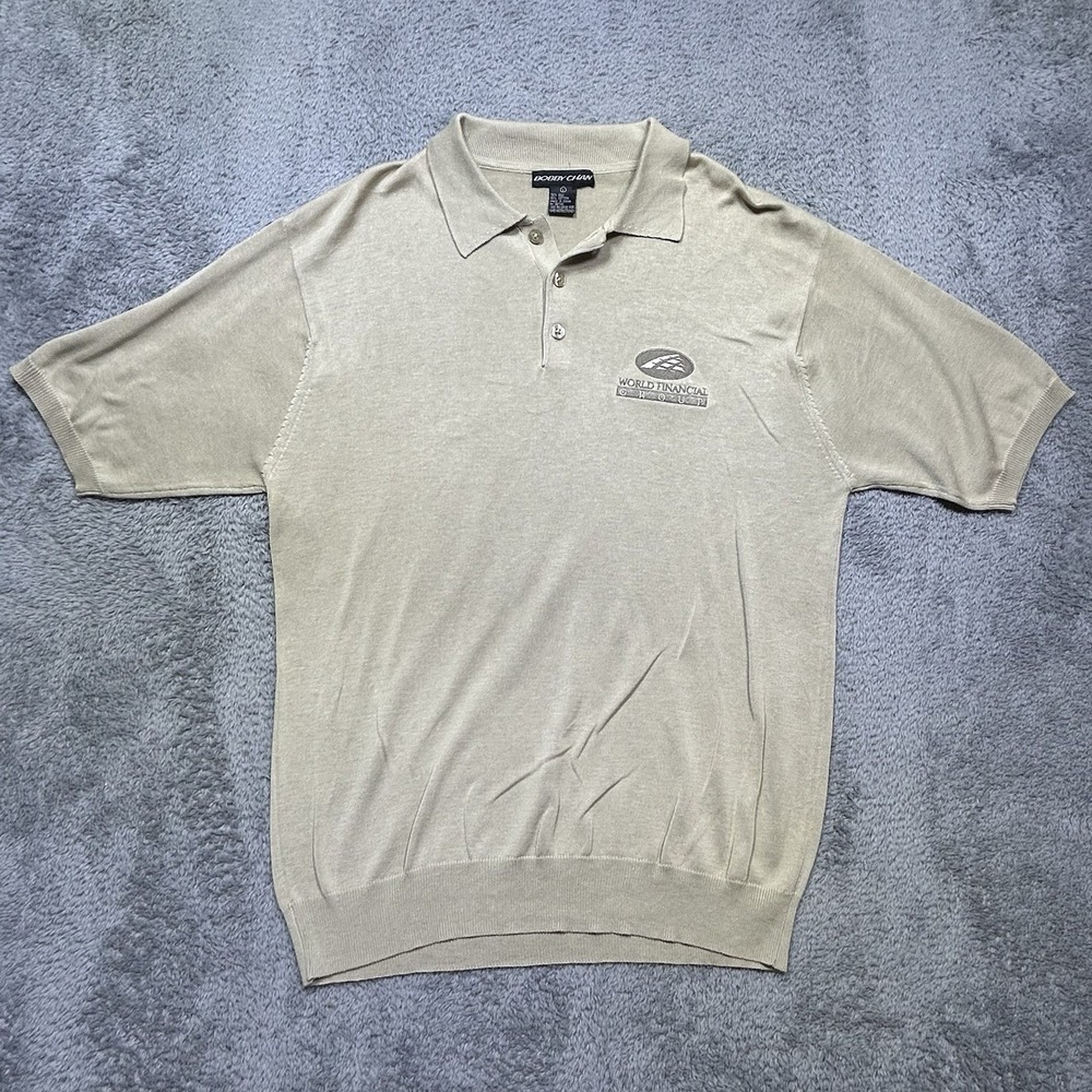 Vintage Bobby Chan Polo Mens L Beige Silk Blend Short-Sleeve Pullover COMP. LOGO